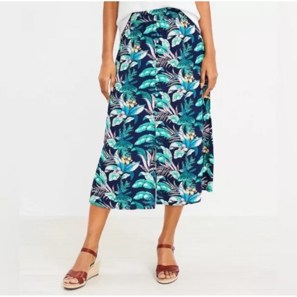 LOFT Palm Print Midi Skirt XL Floral Elastic Waistband Summer Casual NWOT